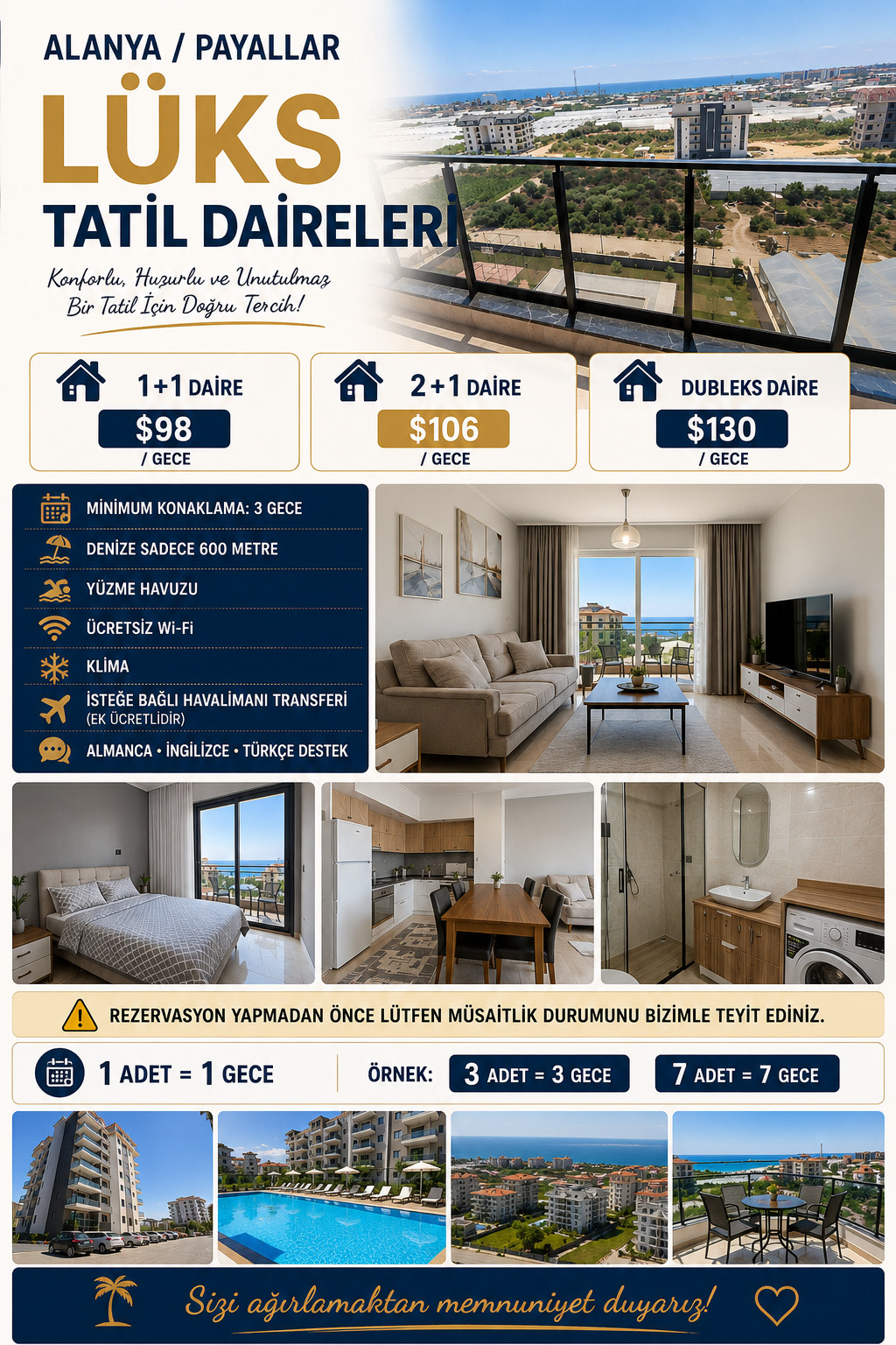 Daily Holiday Apartment Rental in Alanya | Sea View | Pool | 600m Beach