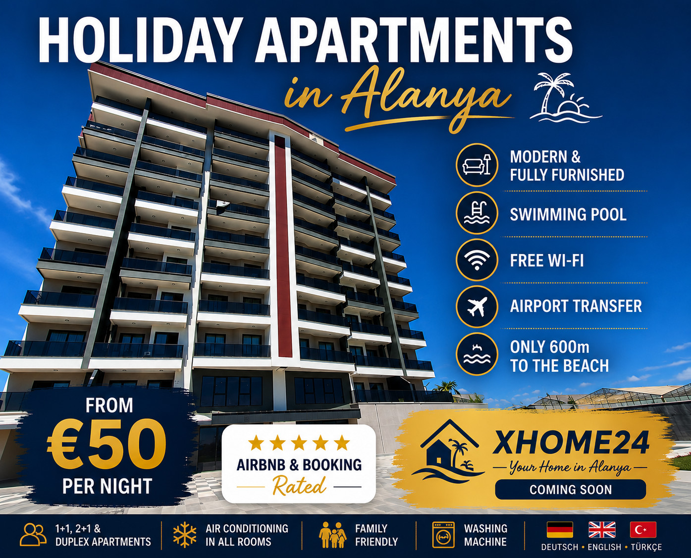 Daily Holiday Apartment Rental in Alanya | Sea View | Pool | 600m Beach