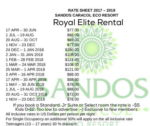 SANDOS CARACOL ECO RESORT, TIMESHARE, ROYAL ELITE WEEKS RENTAL
