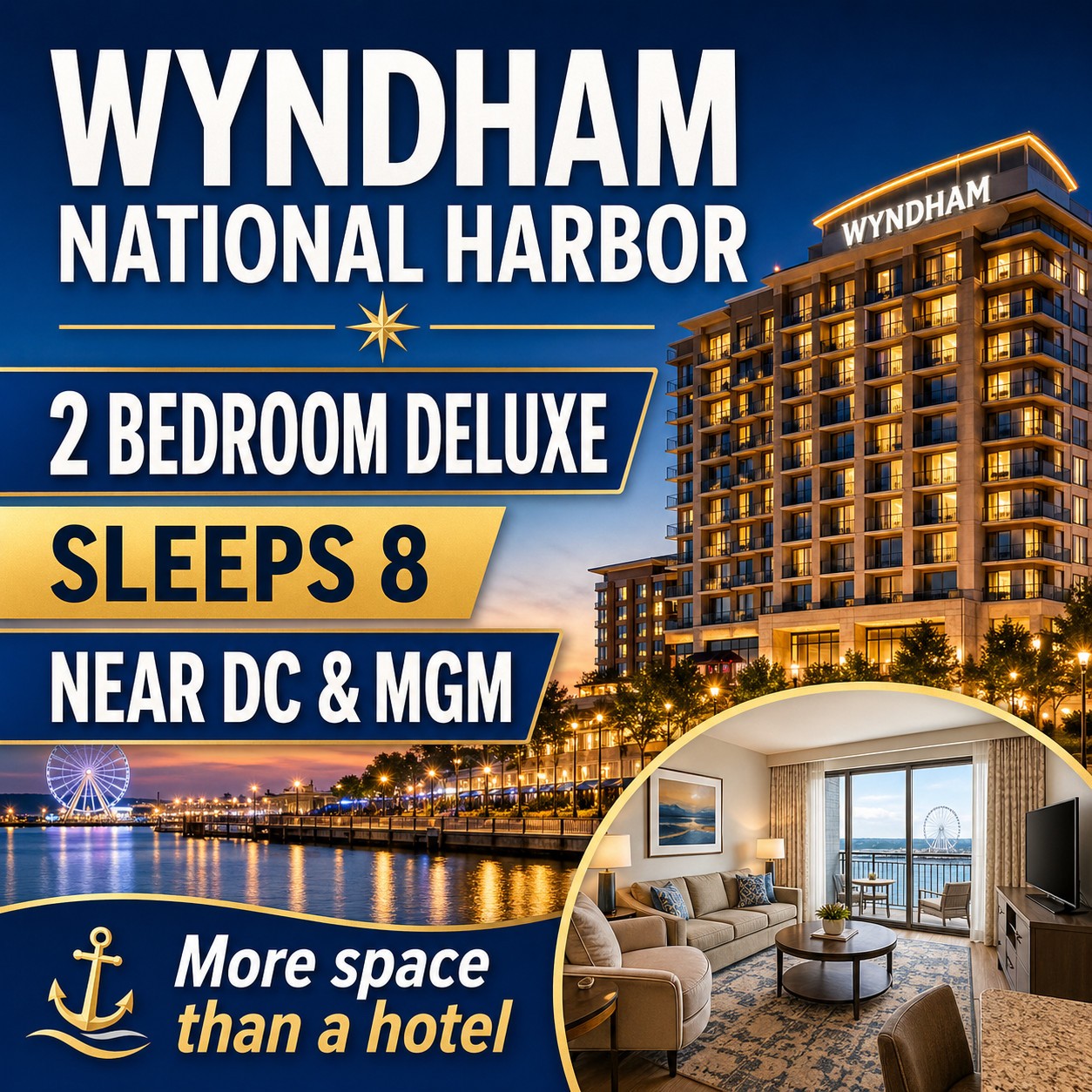 Wyndham National Harbor 2BR Condo Sleeps 8 Near DC & MGM Casino 7/26 5 nights