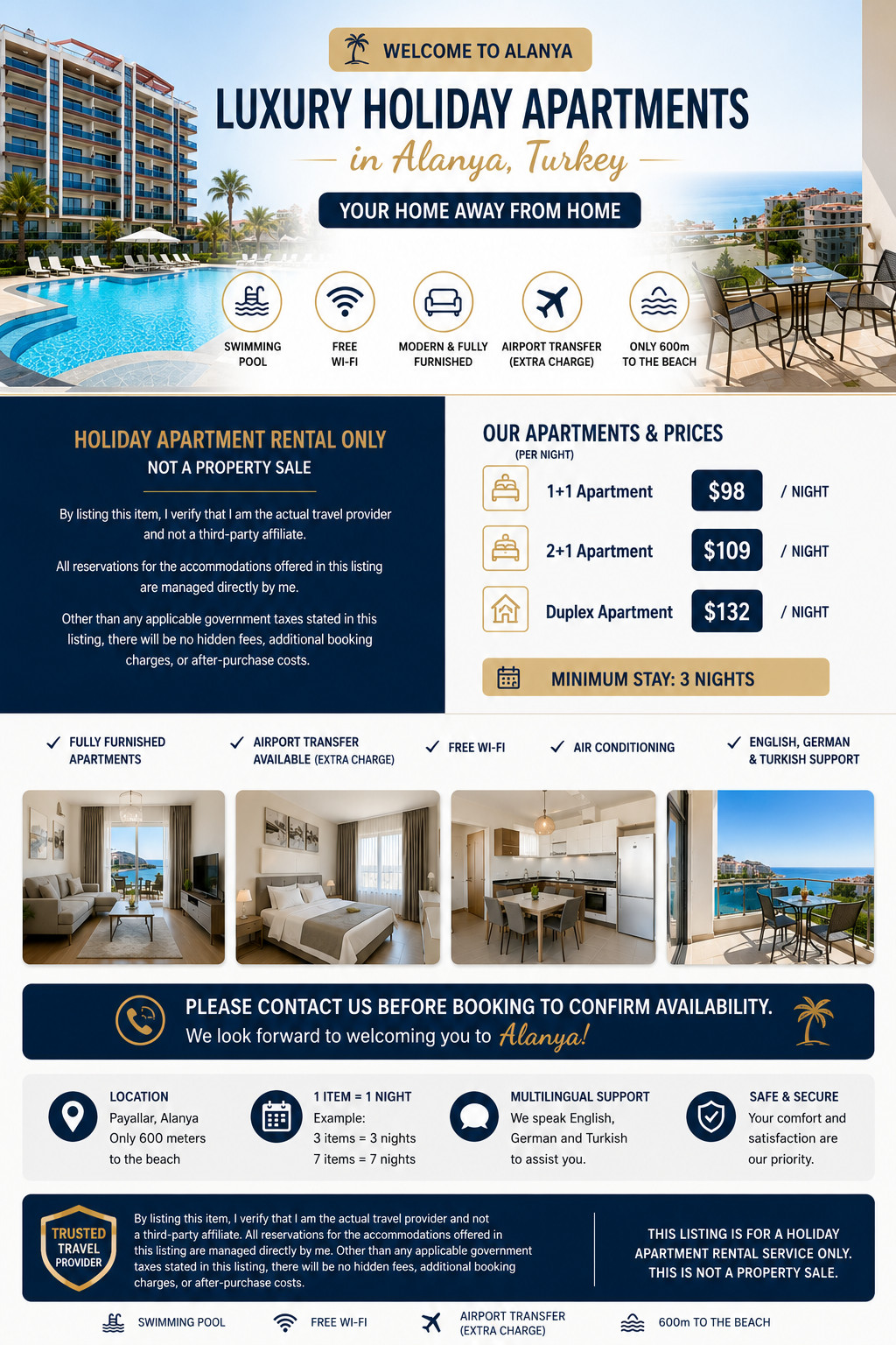 Daily Holiday Apartment Rental in Alanya | Sea View | Pool | 600m Beach